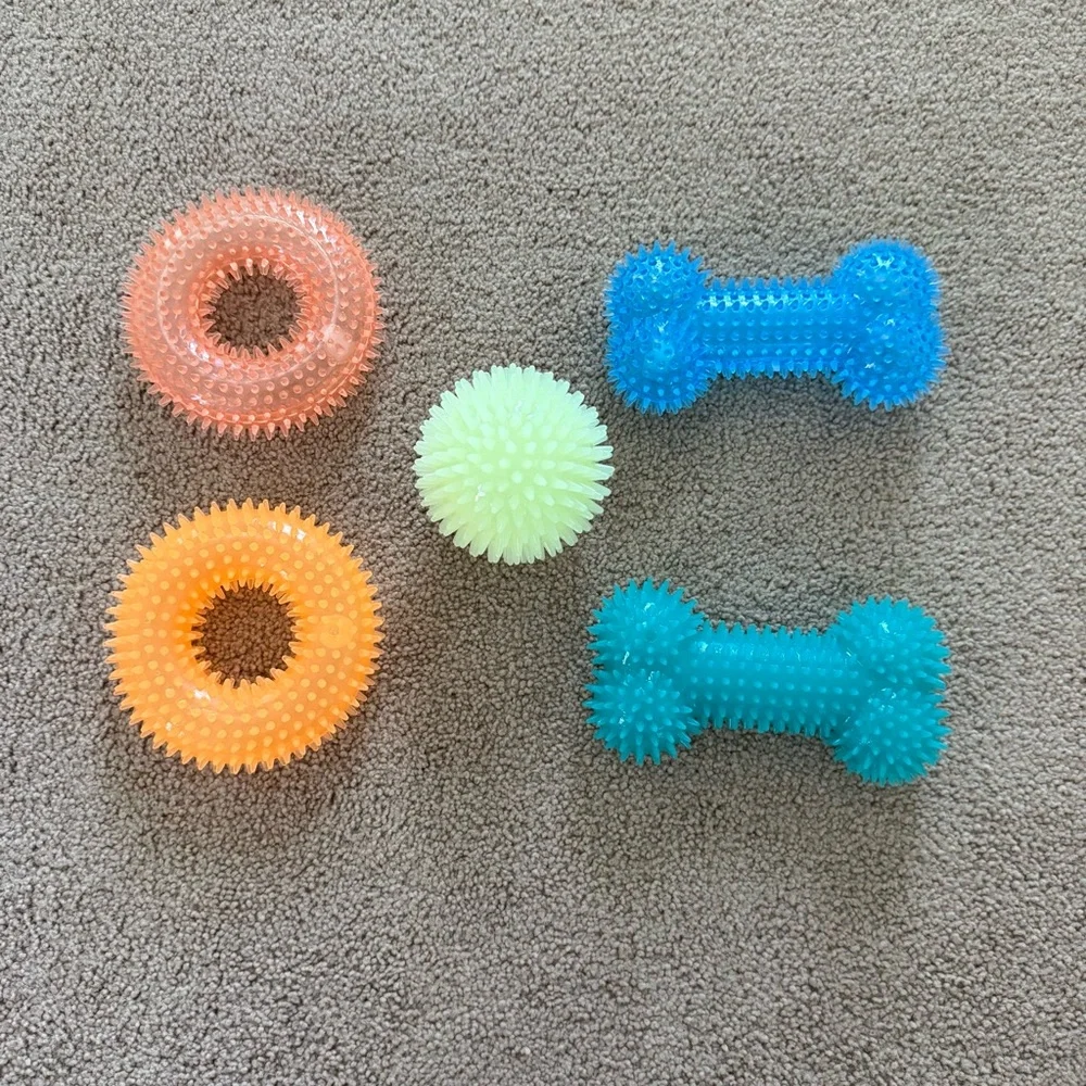 Vibrant Spiky Squeaky Dog Toy Set - Orange, Blue, Green - Set of Five (5)